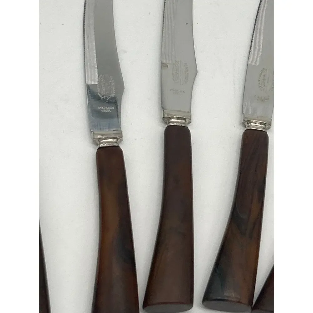 Vintage Armack Sheffield England Stainless Steel Steak Knives Set of 6 Brown